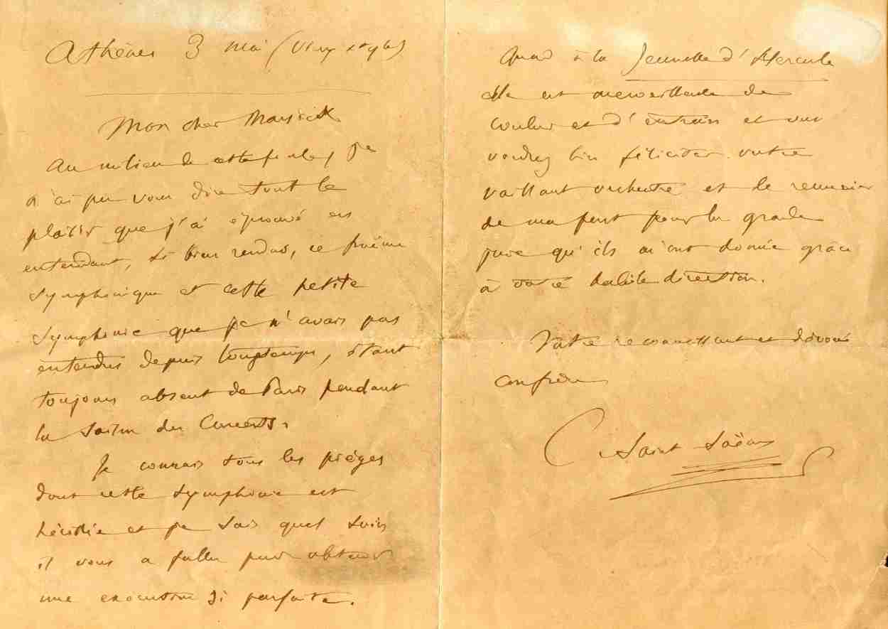 Lettre de Camille Saint-Saens à Armand Marsick